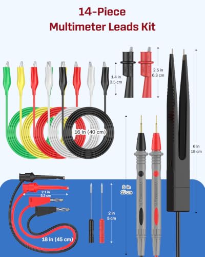 Vibit 14 Pcs Multimeter Test Leads, Multimeter Leads Kit with Back Probes, IC Hook Clip Test Leads, SMD Tweezer Probe & Dual Ended Alligator Clip Leads, Insulated Multimeter Probes - size: 14 PCS
