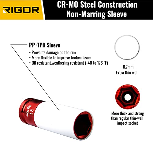 RIGOR 11505 21mm Non-Marring Lug Nut Socket | Wheel Protector Impact Socket | 1/2" Drive, 6 Point, CR-MO, Metric - size: 21mm