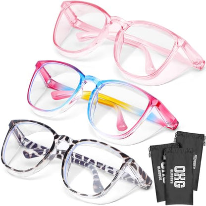 OXG 3 Pack Stylish Safety Glasses, ANSI Z87+ Anti Fog Safety Goggles Blue Light Blocking Protective Eyewear for Nurses - color: Leopard+rianbow+pink