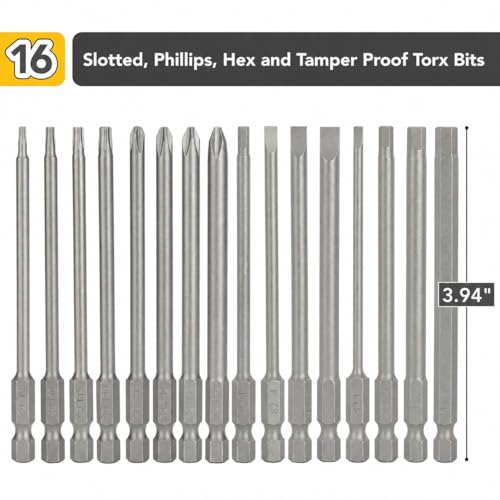 Bates- Long Screwdriver Bits Set, 16 pcs, 1/4 Hex Shank, Slotted, Phillips, Hex and Tamper Proof Torx Bits, S2 Steel Magnetic 3.94 Inch Long Drill Bit Set with Holder