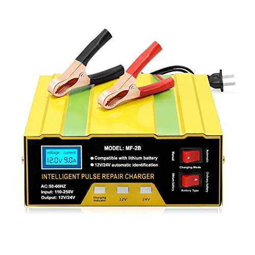 MDEOOSKY Car Battery Charger 12V / 24V, 6AH~105AH Portable Trickle Charger and Maintainer with Auto/Manual Modes for Motorcycle, Marine, Truck, Boat, Lawn Mower Lead Acid Battery or Lithium Battery