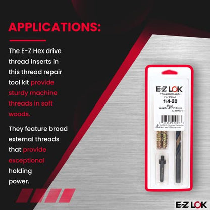 E-Z LOK E-Z Hex Thread Repair Kit for Soft Wood Flush Threaded Inserts 1/4-20 x 13mm, Drill, Installation Tool - size: 1/4-20 x 13mm, style: Flush