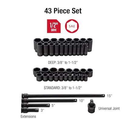 43PC 1/2" DR AE IMP SOCKET SET, Black - size: 43-piece SAE