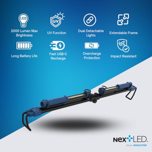 NextLED NT-2220LF-UV LED Underhood Work Light, 2000 Lumen, 8000mAh Rechargeable Battery, UV Light, Detachable Mechanic Under Hood Light Bar, 2 Lights in 1, 51 to 81 Inch, Auto Mechanic/Car Detailing