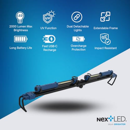 NextLED NT-2220LF-UV LED Underhood Work Light, 2000 Lumen, 8000mAh Rechargeable Battery, UV Light, Detachable Mechanic Under Hood Light Bar, 2 Lights in 1, 51 to 81 Inch, Auto Mechanic/Car Detailing