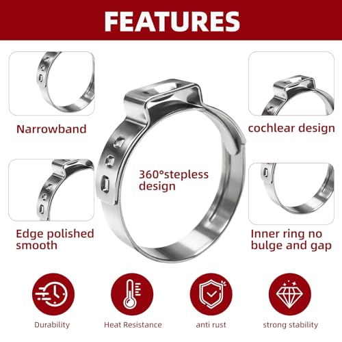 250PCS Single Ear Hose Clamp Kit with Storage Box & Ear Clamp Pliers, Stepless Adjustable Cinch Clamps with Pincer Tool for Automotive, Garden, Home Plumbing and Hydronic Heating