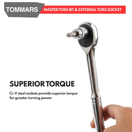 TOMMARS 60-Pc Master Torx Bit Socket & External Socket Set | 1/4", 3/8", 1/2" Drive, S2 Steel Bits, CRV Sockets, E4-E24, T6-T70, TT6-TT70, TP8-TP60 - style: Torx Bit Socket and External Torx Socket Set