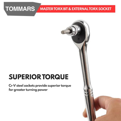 TOMMARS 60-Pc Master Torx Bit Socket & External Socket Set | 1/4", 3/8", 1/2" Drive, S2 Steel Bits, CRV Sockets, E4-E24, T6-T70, TT6-TT70, TP8-TP60 - style: Torx Bit Socket and External Torx Socket Set