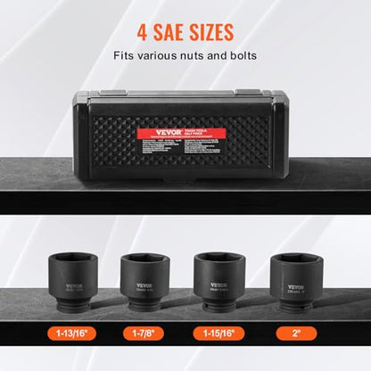 VEVOR Axle Nut Impact Socket Set - 1/2" Drive 6-Point 4-Piece SAE Spindle Nut Socket CR-MO Heat Treated Large Socket Set with Storage Case for Auto Repair, Removing or Installing Axle Nuts - style: 1/2" 4PCS CR-MO