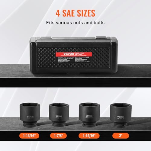 VEVOR Axle Nut Impact Socket Set - 1/2" Drive 6-Point 4-Piece SAE Spindle Nut Socket CR-MO Heat Treated Large Socket Set with Storage Case for Auto Repair, Removing or Installing Axle Nuts - style: 1/2" 4PCS CR-MO