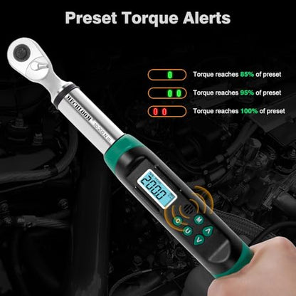 Digital Torque Wrench 1/2" Drive, 7.4–147.5 Ft-lbs / 10–200 N·m, ±2% Accuracy, Dual-Direction Ratchet, Electric Torque Wrench with Buzzer & LED Indicator for Bike, Motorcycle, Auto Repair