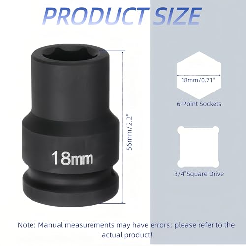 3/4"Drive x 18mm Metric, 6-Point Deep Impact Socket, Axle Nut Impact Socket | 40CR Alloy Steel,Clear labeling, Common Tools for Car Repair/Mechanical Work/Construction/Carpentry and Home Maintenance - size: 18mm