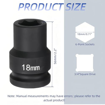 3/4"Drive x 18mm Metric, 6-Point Deep Impact Socket, Axle Nut Impact Socket | 40CR Alloy Steel,Clear labeling, Common Tools for Car Repair/Mechanical Work/Construction/Carpentry and Home Maintenance - size: 18mm