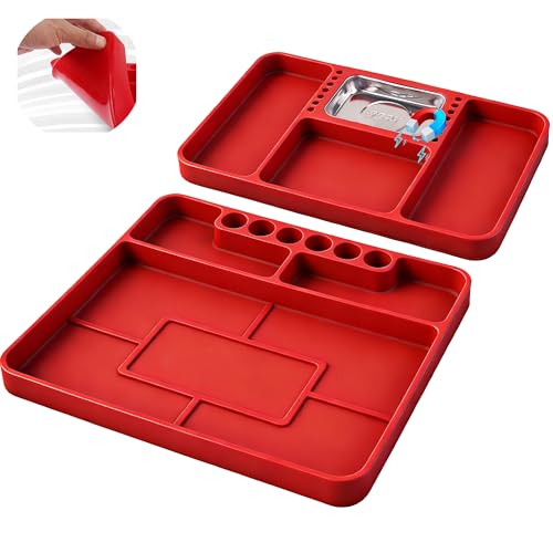 SEDY Premium Silicone Tool Tray, Automotive Non-Slip Flexible Silicone Tool Trays, Tool Organizer | 2 Piece Multi Purpose Mats with Magnetic Small parts Tray