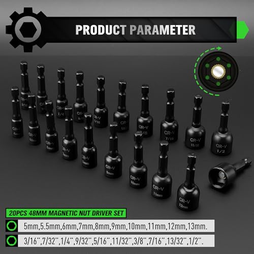 20-Piece Magnetic Nut Driver Set, Metric & SAE 1/4" Hex Shank, Drill Socket Set, Impact Driver Bit Set, Magnetic Bit Holder with Aluminum Alloy Snap Clip, Quick Change Tool - style: 20PCS 48mm