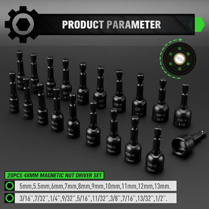 20-Piece Magnetic Nut Driver Set, Metric & SAE 1/4" Hex Shank, Drill Socket Set, Impact Driver Bit Set, Magnetic Bit Holder with Aluminum Alloy Snap Clip, Quick Change Tool - style: 20PCS 48mm