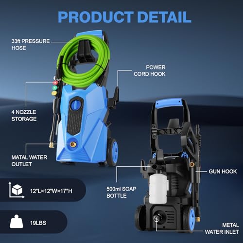 Electric Pressure Washer 5000 PSI 2.8GPM Portable Power Washer with 4 QC Nozzles, 500ML Foam Cannon for Cars/Fences/Driveways/Home/Patios Cleaning, Blue - color: Blue