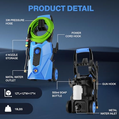 Electric Pressure Washer 5000 PSI 2.8GPM Portable Power Washer with 4 QC Nozzles, 500ML Foam Cannon for Cars/Fences/Driveways/Home/Patios Cleaning, Blue - color: Blue