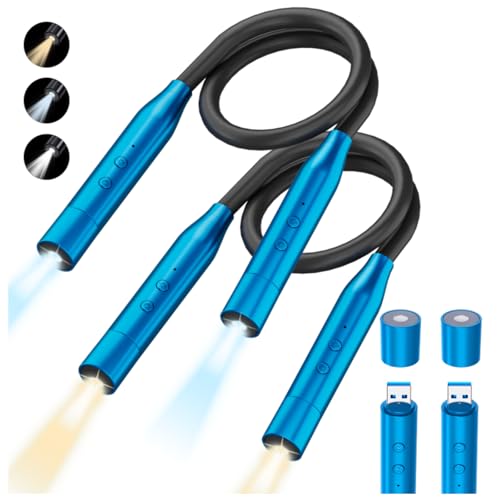 2 Pack Neck Book Lights, 3 Colors & 3 Brightness Levels, Flexible 380° Neck Light Rechargeable, LED Reading Lights for Books in Bed, 80 Hrs Lasting, Perfect for Reading, Knitting, Crafts, Repairs - color: Blue
