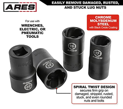 ARES 59013-5-Piece Damaged Lug Nut Remover Socket Set - 17, 19, 21, and 22mm Sockets, 12mm Steel Bar – Twist Lug Nut Extractor Tool– Storage Case