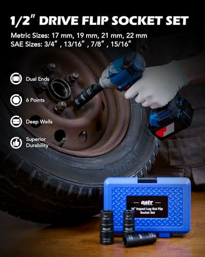Orion Motor Tech Lug Nut Socket Set, 5pc 1/2" Drive Impact Flip Socket Set with Metric 17 19 21 22 mm & SAE 3/4 13/16 7/8 15/16 in. Sockets, Double Ended Thin Wall Nut Sockets with 3" Extension Bar - size: Flip, 17 19 21 22 mm & 3/4 13/16 7/8 15/16 in., s