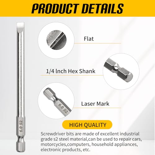 7 Pcs Flat Head Screwdriver Bit Set,1/4 Inch Hex Shank 4 Inch Long S2 Steel with Magnetic, Impact Tough Screwdriving Power Bits - style: Flat(7-Size)