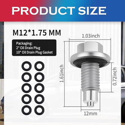 2PCS M12×1.75 Magnetic Oil Drain Plug (M12x1.75, 2PCS) | Replacement OEM#6730-AA/AJ0310404 Oil Pan Drain Plug with 10PCS Oils Drains Plugs Gasket,Compatible with Ford/Chevrolet/Buick - color: M12x1.75, 2pcs