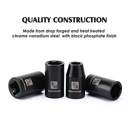 MIXPOWER 14 Pieces 1/2-Inch Drive Shallow Impact Socket Set, 3/8-Inch to 1-1/4 Inch, CR-V, SAE, 6 Point, Shallow, 14 Pieces 1/2" Dr. Shallow Socket - size: 9.5 mm - 31.8 mm (Shallow, 14PCS)