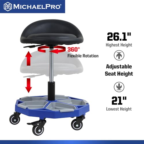 MichaelPro Rolling Mechanic Stool with 5 Removable Tool Trays for Storage, Pneumatic Garage Shop Chair with 350 lb Capacity, Adjustable Height, Padded Swivel Shop Stool with Wheels, Brakes, Backrest