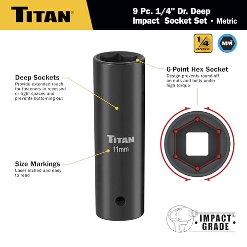 Titan 46401 9-Piece 1/4-Inch Drive Metric Deep Impact Socket Set, 6-Point, Metric Sizes 6 to 14mm - size: 9-Piece Metric Deep, style: 1/4-Inch Drive