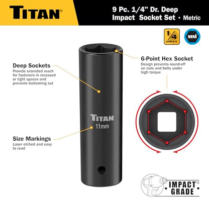 Titan 46401 9-Piece 1/4-Inch Drive Metric Deep Impact Socket Set, 6-Point, Metric Sizes 6 to 14mm - size: 9-Piece Metric Deep, style: 1/4-Inch Drive