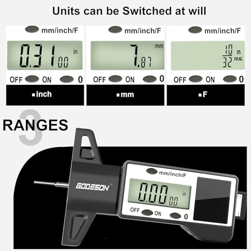 GODESON Digital Tire Tread Depth Gauge -Reads 32NDS, Inch & MM/Solar/Battery Hybrid Power/1" (25.4mm) Range/Accurate Tire Thread Depth Gauge Tool Suitable for Cars, Trucks, Motorcycles - style: IN/MM/FRAC - Black
