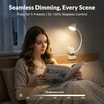 LEPOWER Clip on Light, Reading Lights for Books in Bed, 400LM, RG0 Eye-Care | 5 Colors & Stepless Dimming, Amber Glow Light & Auto Timer, Up to 2.3" Strong Clamp with Adapter for Headboard, Bedside, Desk - color: White