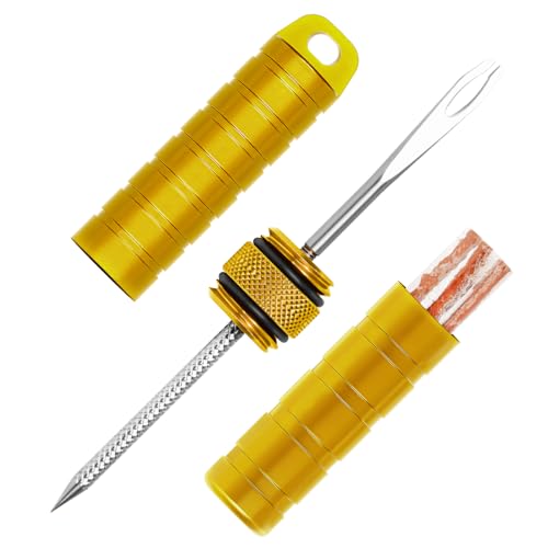 BWSHLF Tubeless Bike Tire Repair Kit for Mountain Bikes & Road Bicycles, Tubeless Tire Plug Kit with Storage Canister, Reamer, Insertion Fork, 10 Bacon Strips, Fix a Puncture or Flat, No Glue Needed - color: Golden
