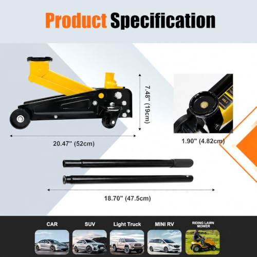 Jack Boss 3 Ton Low Profile, Aluminum and Steel Racing Floor Jack with Dual Pistons Quick Lift Pump for Sport Utility Vehicle, Lifting Range 3-15/16" min to 18-5/16" max, Net Weight 58.5 lb, Red - size: 3T