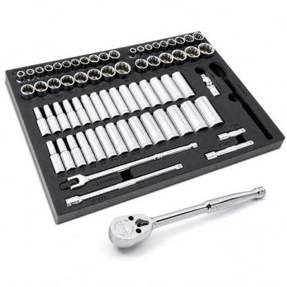 Powerbuilt Master Socket 69 Piece Set, 1/2 Drive, SAE and Metric, 6 and 12 Point, Deep Sockets, Extension Bars, Ratchet - 949006 - size: 1/2-Inch, style: 69 Piece Socket and Ratchet