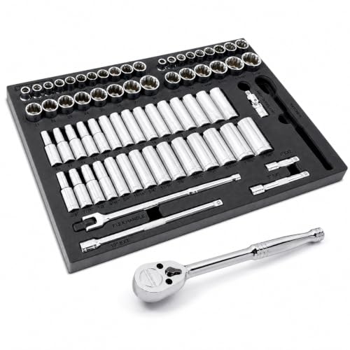 Powerbuilt Master Socket 69 Piece Set, 1/2 Drive, SAE and Metric, 6 and 12 Point, Deep Sockets, Extension Bars, Ratchet - 949006 - size: 1/2-Inch, style: 69 Piece Socket and Ratchet