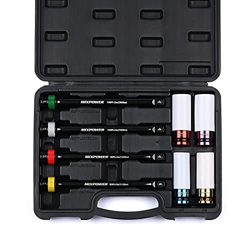 MIXPOWER 1/2-inch Drive Wheel Protector Impact Socket& 8 inch Coded Torque Limiting Socket Extension Bar 8pcs Tire Deep Socket Set, Color-Coded, 80 to 150 Ft-Lbs (110-200 Nm)