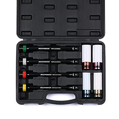 MIXPOWER 1/2-inch Drive Wheel Protector Impact Socket& 8 inch Coded Torque Limiting Socket Extension Bar 8pcs Tire Deep Socket Set, Color-Coded, 80 to 150 Ft-Lbs (110-200 Nm)