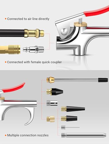 13 Pcs Air Nozzle Blow Gun Kit, 2-Way Connection Air Blower Gun with 1/4 IN Standard Quick Fitting & 8 Air Nozzles, Air Compressor Accessories for Dedusting, Inflation, Cleaning