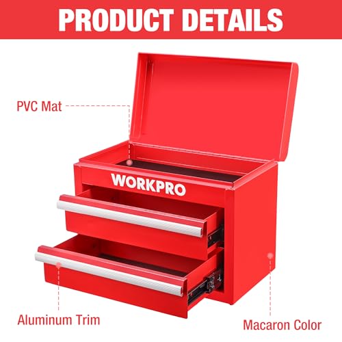 WORKPRO Metal Mini Tool Box with 2 Drawers and Top Storage | Cold Rolled Steel Toolbox, Ball Bearing Slides, PVC Drawer Liners, PP Feet Pads, Durable Storage - color: Red
