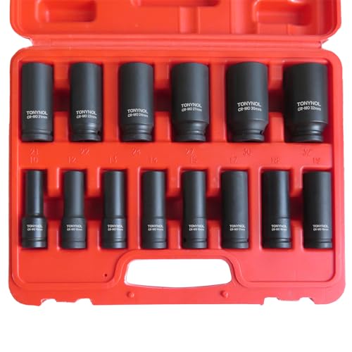 TONYNOL 1/2 Inch Deep Drive Impact Socket Set,6-Point,Metric (10mm-32mm),14 Pcs,Cr-Mo Steel,With a Storage Case - size: 1/2" 14PC Deep Metric (10-32mm), style: 6-Points