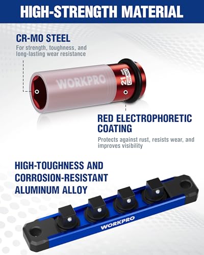 WORKPRO 1/2" Drive Lug Nut Impact Duty Socket Set, 4 Pieces 17-19-21-22mm Deep Thin Wall Socket Set, Made of Premium Cr-Mo Steel, Non-Marring Lug Nut Wheel Sockets for Car - size: 1/2" DR x 4pcs (17/19/21/22mm)