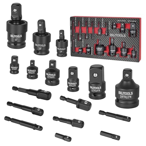 BILITOOLS 17-Piece Impact Socket Adapter Set with U-Joints & Reducers | Cr-V Adapters, Cr-Mo Joints. Black Phosphate, Corrosion Resistant. Spring Detent Lock. 1/4 3/8 1/2 inch Drive, EVA Foam Tray