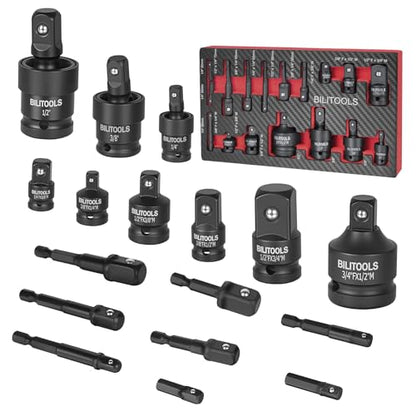 BILITOOLS 17-Piece Impact Socket Adapter Set with U-Joints & Reducers | Cr-V Adapters, Cr-Mo Joints. Black Phosphate, Corrosion Resistant. Spring Detent Lock. 1/4 3/8 1/2 inch Drive, EVA Foam Tray