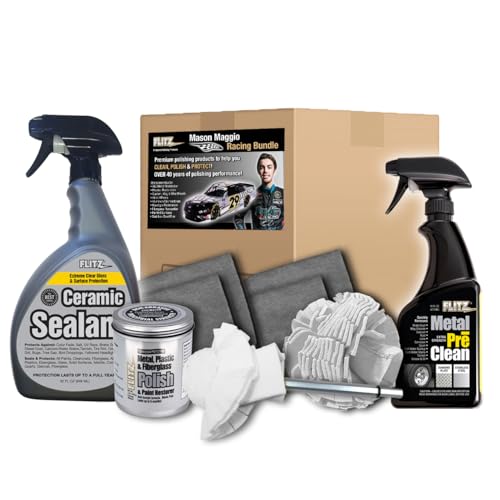 FLITZ Mason Maggio Racing Bundle - USA-Made Car Cleaning Kit - Includes 1lb Polish, 32oz Sealant, 16oz Metal Pre-Clean, 2 Buff Balls, & 4 Microfiber Cloths - Professional Car Detailing Kit to Restore - style: Mason Maggio Kit