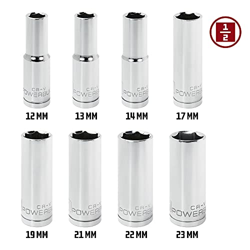 Powerbuilt 8 Piece 1/2 Inch Drive Metric 6 Point Deep Socket Set, Sizes 12mm-23mm, Z-Drive Grips, Chrome Vanadium Steel made - 640055 - size: Metric (Pack of 1), style: 1/2" Drive