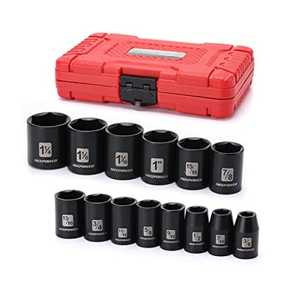 MIXPOWER 14 Pieces 1/2-Inch Drive Shallow Impact Socket Set, 3/8-Inch to 1-1/4 Inch, CR-V, SAE, 6 Point, Shallow, 14 Pieces 1/2" Dr. Shallow Socket - size: 9.5 mm - 31.8 mm (Shallow, 14PCS)