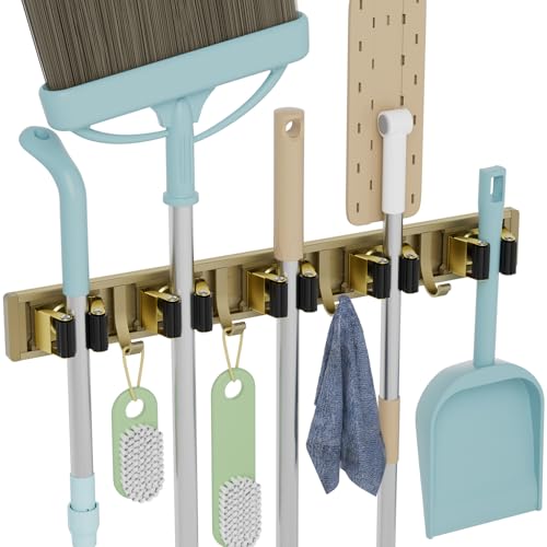 reliahom Broom Holder Wall Mount Mop Hanger Tools organizer 5Racks 4Hooks | Adjustable Mop Broom Wall Hanging Heavy duty Tools Storage Rack Space-saving for Garage,Kitchen,Laundry Room,Garden, Bronze - color: Bronze
