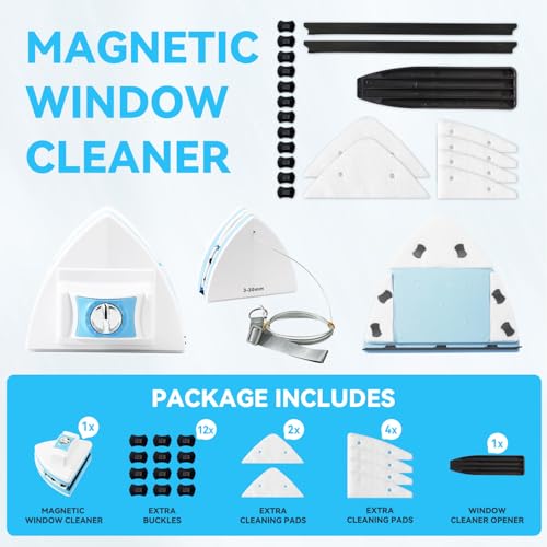 Double-Sided Magnetic Window Cleaner, Blue | Adjustable Magnetic Equipment, Fits 3-30mm Glass Thickness, 2.5m Safety Rope, High-Rise & Auto Glass, Safe Anti-Pinch Wiper - color: Blue